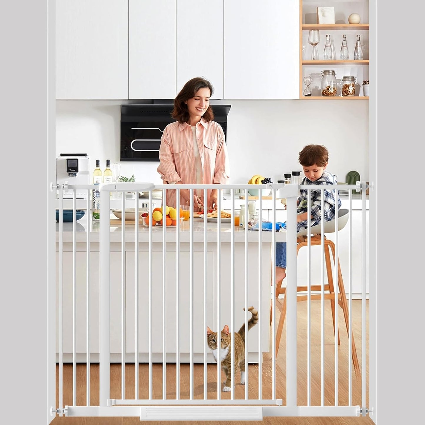 Extra Wide Baby Gate 30.11-77.36",Ultra Narrow 1.37" Spacing Dog Gate indoor,Double Lock Auto Close Pet Gate for House,Pressure Mounted Baby Gate Easy Walk Through Pet Gate for Hallway(White)