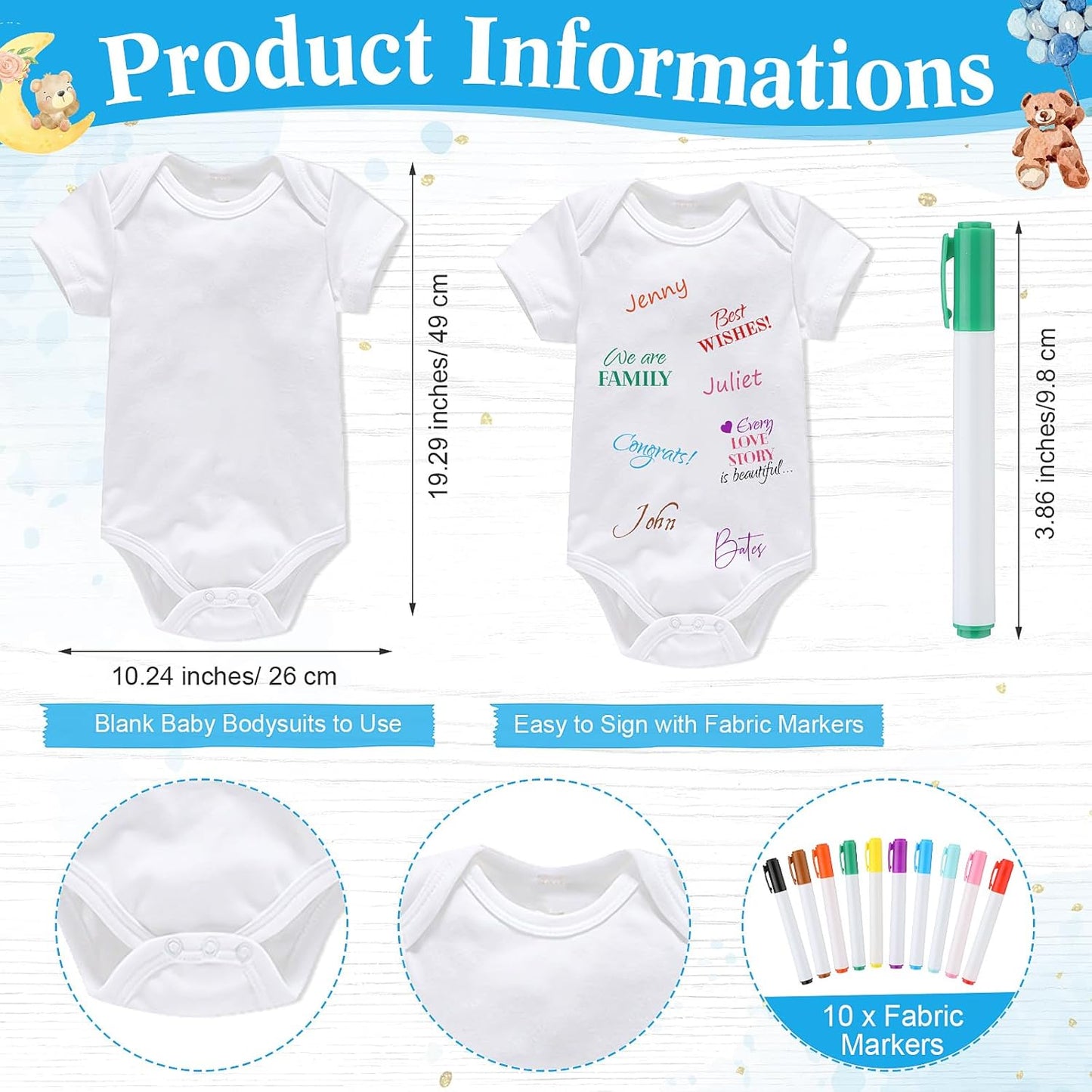 Qunclay 12 Pcs Baby Bodysuit Baby Shower Game Include 1 Game Wooden Sign Tabletop Decor 1 White Blank Newborn Bodysuit 10 Fabric Marker for Gender Reveal Party(Blue Bear)