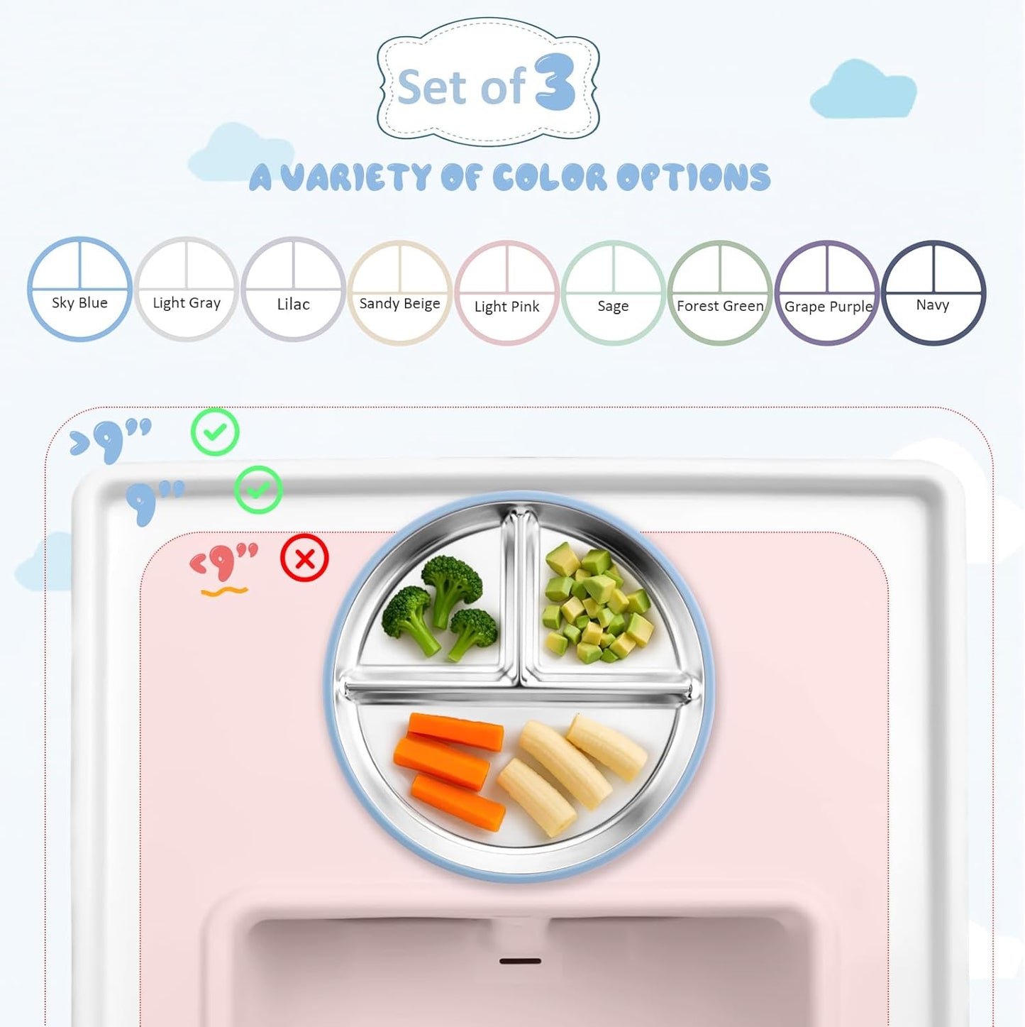 Stainless Steel Suction Plates for Toddlers, 9" Divided Kids Baby Plates with Removable Silicone Suction, Non Toxic Non Slip Portion Control Snack Dishes 3 Packs, Blue Gray Blush