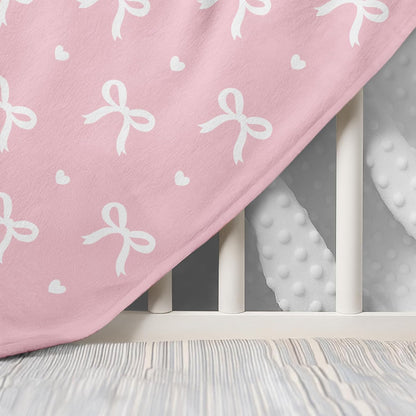 Bow Minky Baby Blanket 30 x 40 Inches for Girls, Soft Plush Receiving Blanket with Dotted Back