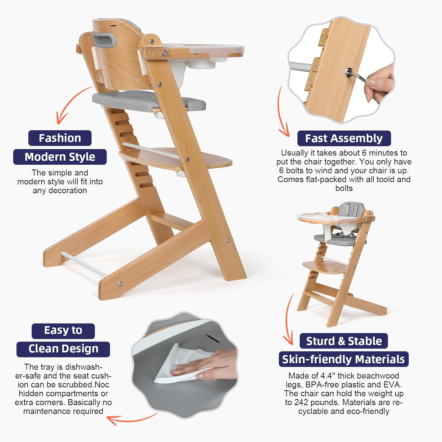 Cowiewie 3-in-1 Convertible Natural Wooden High Chair for Babies & Toddlers 3-Tier Remove & 2