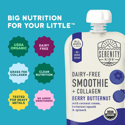 Serenity Kids 6+ Months Dairy Free Smoothie Baby Food - USDA Organic - Grass Fed Collagen Protein