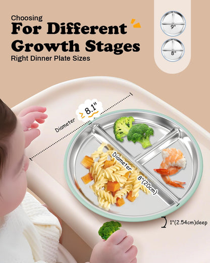 8” Stainless Steel Toddler Plate with Suction, Divided Plates with Removable Silicone Sleeves for Kids, Non Toxic & BPA Free | Non Slip | Unbreakable Baby Snack Dishes Set of 2, Blue & Sage
