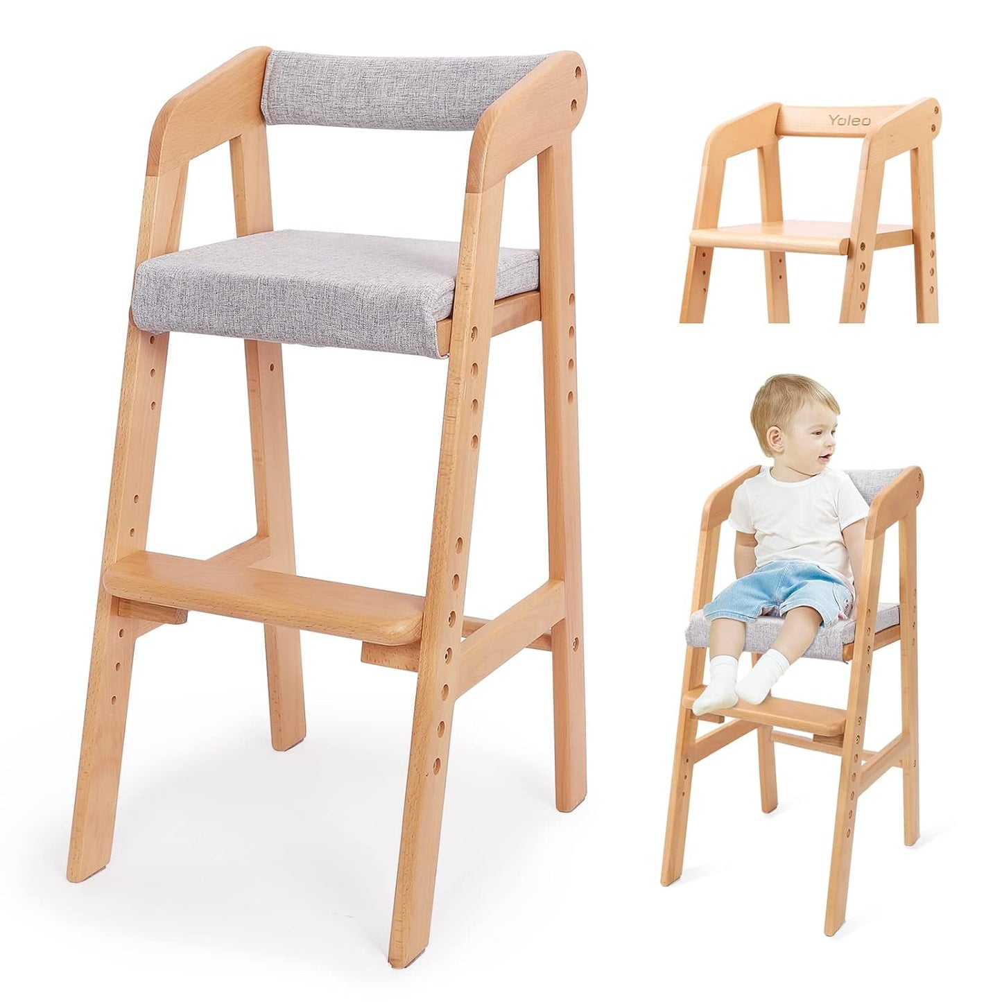 Wooden High Chair for Toddlers, Adjustable Feeding Chair with Removable Cushion for Child, High