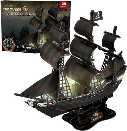 Queen Anne’s Revenge 3D Puzzle Kit, Large 111 Pieces Nautical LED Model Ship Building Kit, Retro Style Pirate Ship Desk Decor Birthday Gift for Adults Men and Teens