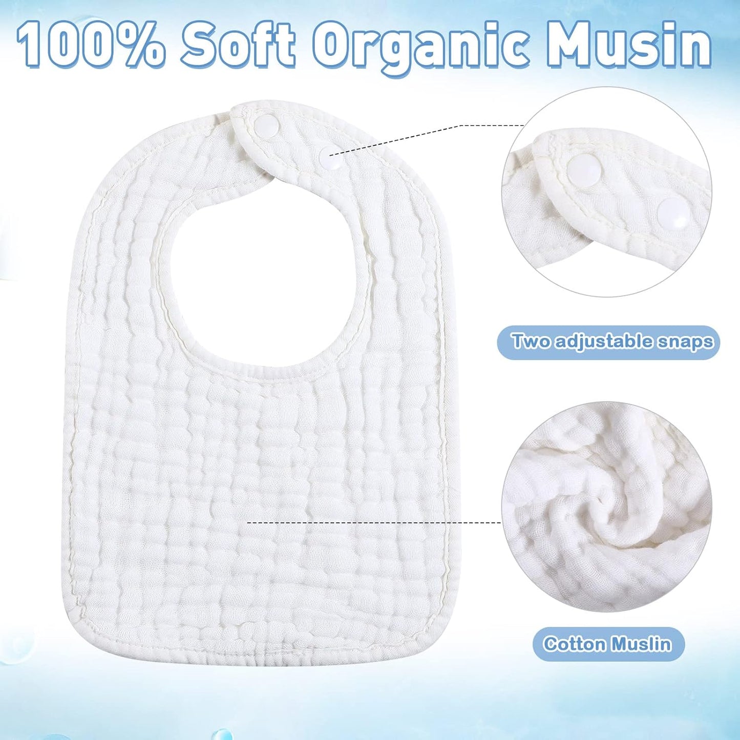 Tatuo 50 Pcs Muslin Baby Bibs Bulk Muslin Cotton Teething for Boy Girls Burp with Snap, Baby Bandana Drool Absorbent Bibs for Newborn Infant Teething and Drooling, 6 Layers
