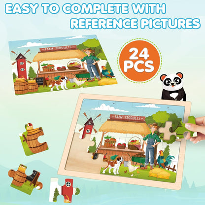 Wooden Farm Puzzles for Kids Age 3 4 5 Year Old, 4 Pack 24 Pcs Montessori Toddler Jigsaw Puzzles for Girl boy Activities Preschool Learning Educational Birthday Gift