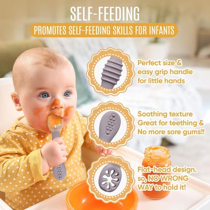 4pc Silicone Baby Spoons Self Feeding Baby Utensils 6-12 Months - 3 Baby Spoon - 1 Baby Fork - Toddler Cutlery Set - BPA Free, Dishwasher Safe, Baby Eating Essentials (Light pink/Army Green)