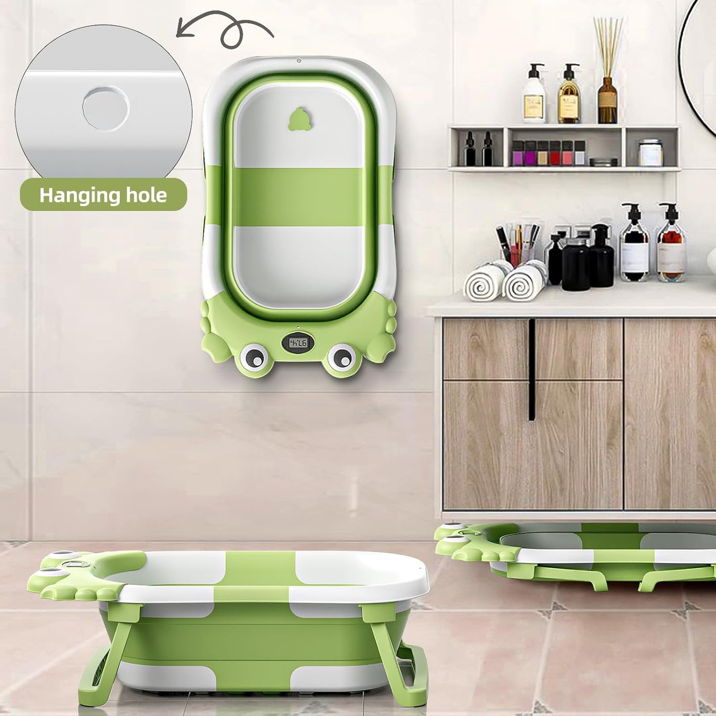 Collapsible Baby Bathtub for Newborns to Toddler with Real-time Temp Monitor & Floating