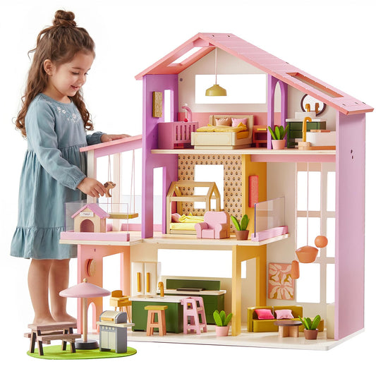 Tiny Land Wooden Doll House, Modern Family Dollhouse with Realistic Design