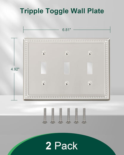 2-Pack Triple Toggle Light Switch Cover Plate, Pearls Decorative Switch Plate Covers, Brushed Nickel 3 Gang Metal Wall Plate