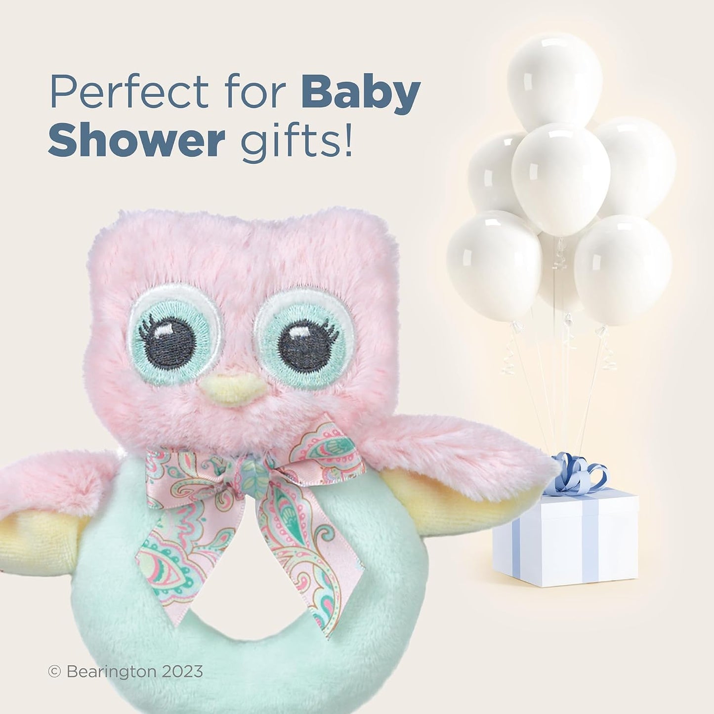 Bearington Baby Lil' Hoots Plush Stuffed Animal Pink Owl Soft Ring Rattle - 5.8" Baby Rattle Newborn Toy