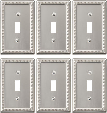 6-Pack Single Toggle Light Switch Cover Plate, Pearls Decorative Switch Plate Covers, Brushed Nickel 1 Gang Metal Wall Plate