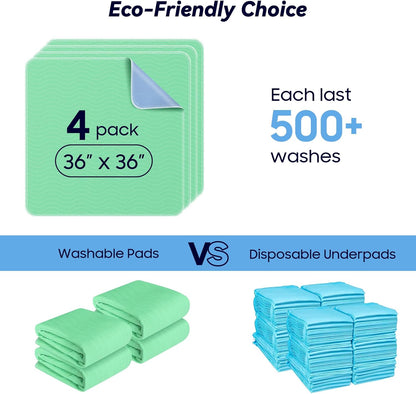 4 Pack 36” x 36” Extra Heavy Absorbency Washable Underpads, Waterproof Quick Drying Nursing Pads