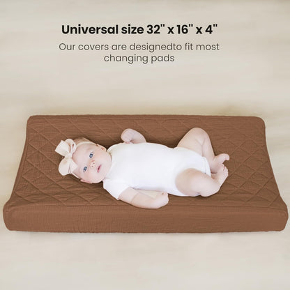 Konssy Waterproof Muslin Changing Pad Cover 2 Pack, Quilted Cotton Fitted Diaper Changing Table Cover, Soft Changing Pad Sheets for Girls Boys (Sunbeam Yellow,Coffice)