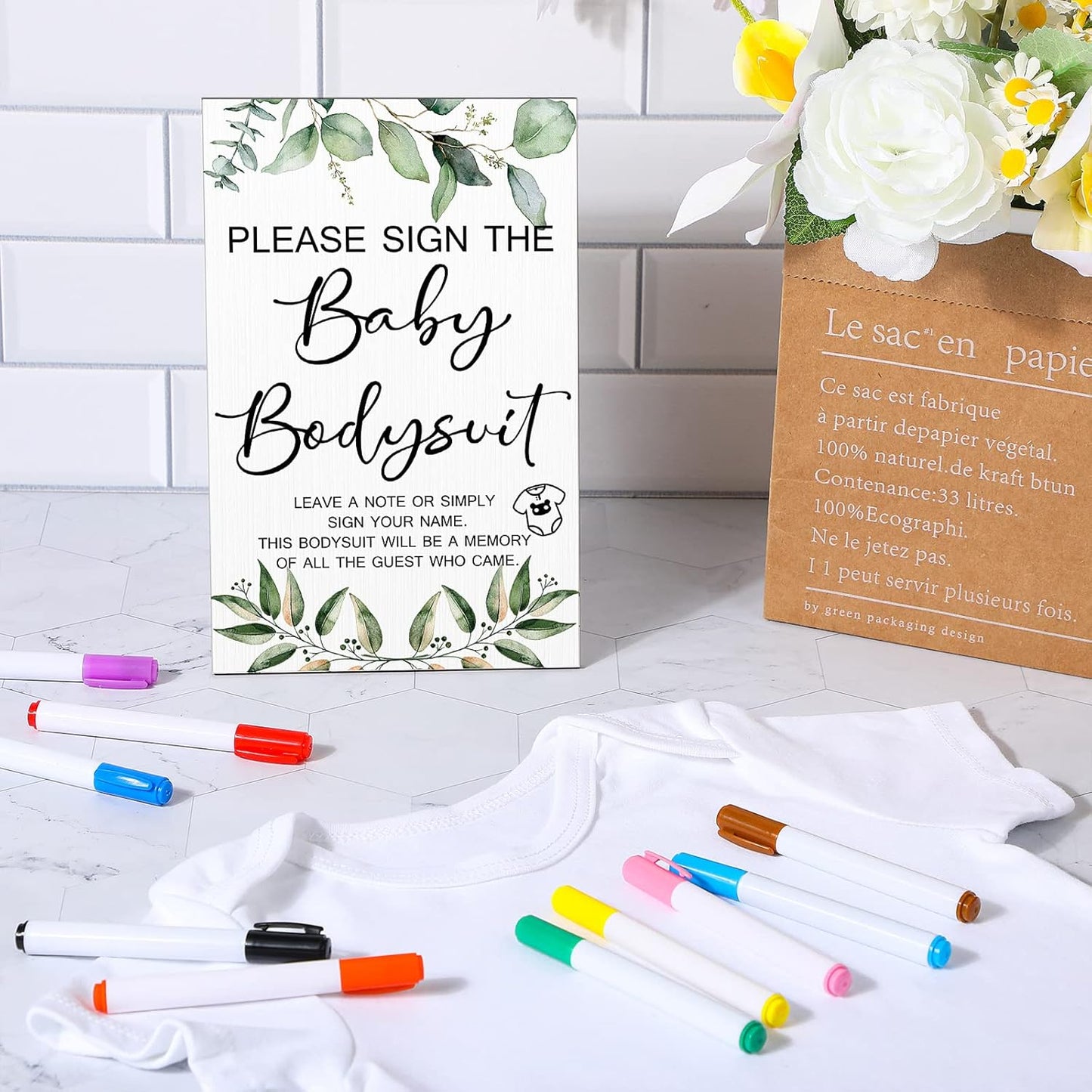 Qunclay 12 Pcs Baby Bodysuit Baby Shower Game Include 1 Game Wooden Sign Tabletop Decor 1 White Blank Newborn Bodysuit 10 Fabric Marker for Gender Reveal Party(Greenery)