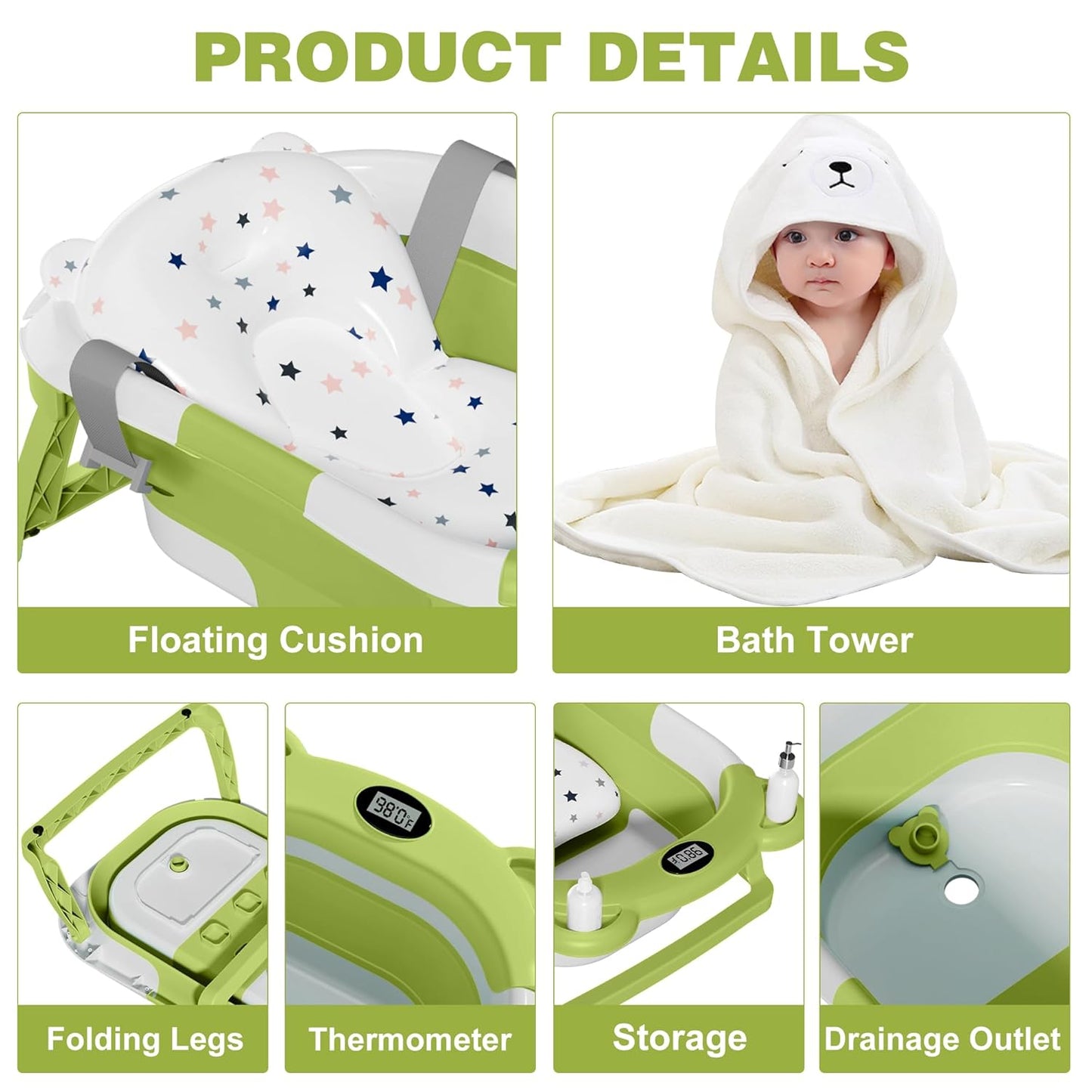 MoreFeel Collapsible Baby Bathtub for Newborn with Thermometer & 1 Hooded Towel & 1 Soft Floating