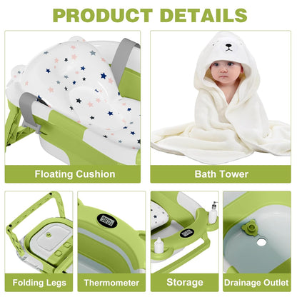 MoreFeel Collapsible Baby Bathtub for Newborn with Thermometer & 1 Hooded Towel & 1 Soft Floating