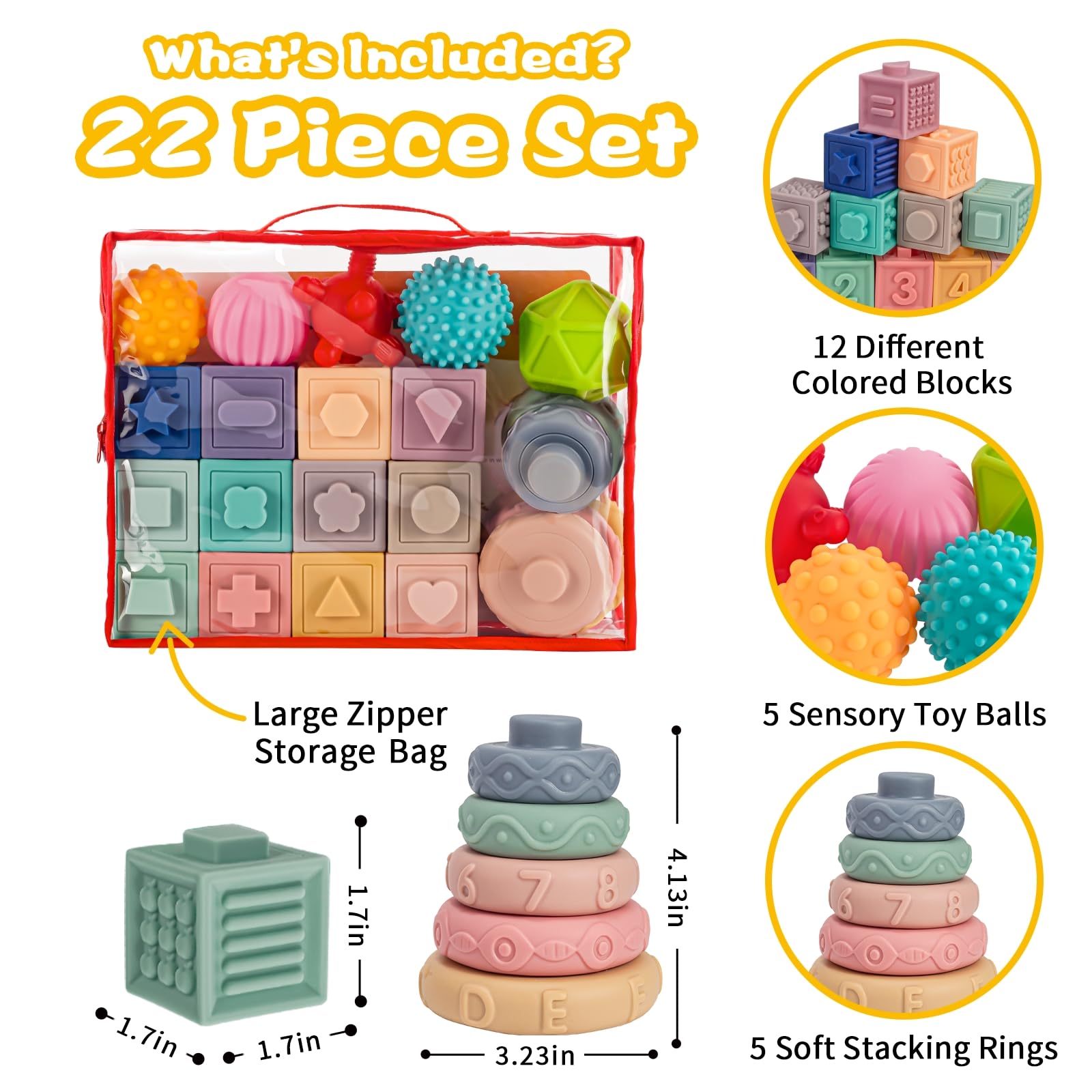 3 in 1 Baby Toys,Montessori Baby Blocks for 0-3-6-12 Months Babies