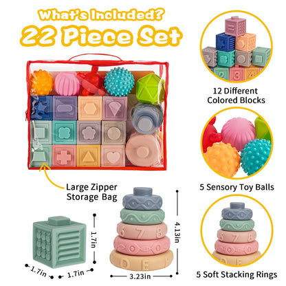 3 in 1 Baby Toys,Montessori Baby Blocks for 0-3-6-12 Months Babies