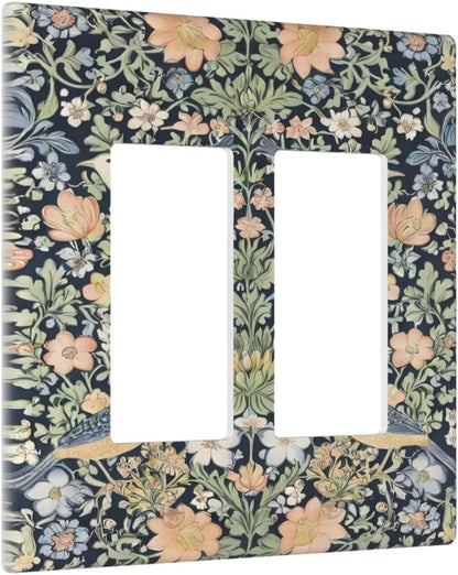 Decorative Outlet Covers Rustic Morris Birds Green Leaf Flower 2 Gang Wall Plate Double Rocker Two Switch Wall Cover Plate Light Switch Cover Plate Faceplate for Country Bedroom Decor
