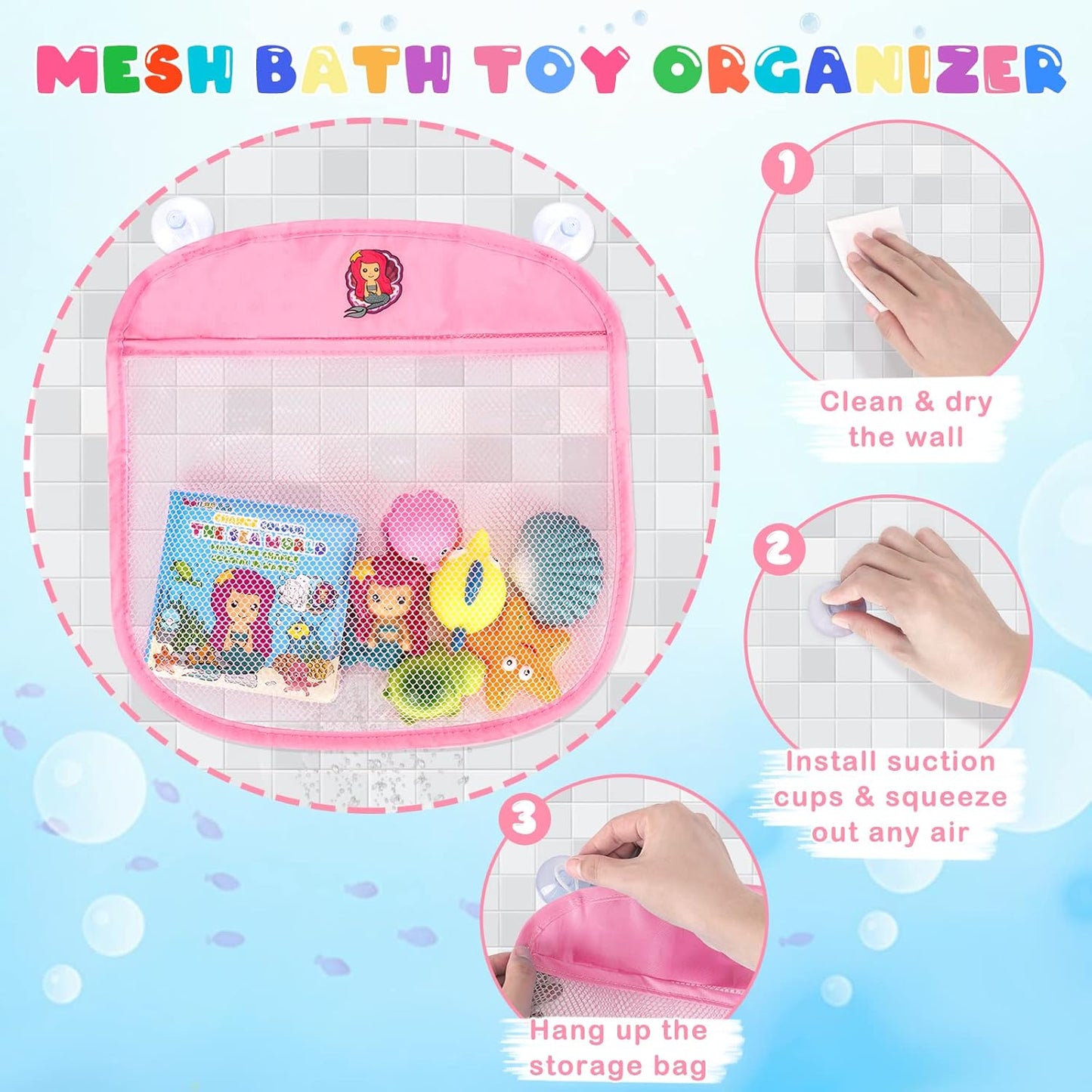 Light Up Bath Toys for Toddlers Kids Girls Baby, No Hole Glow Bath Toys with Bath Book & Organizer