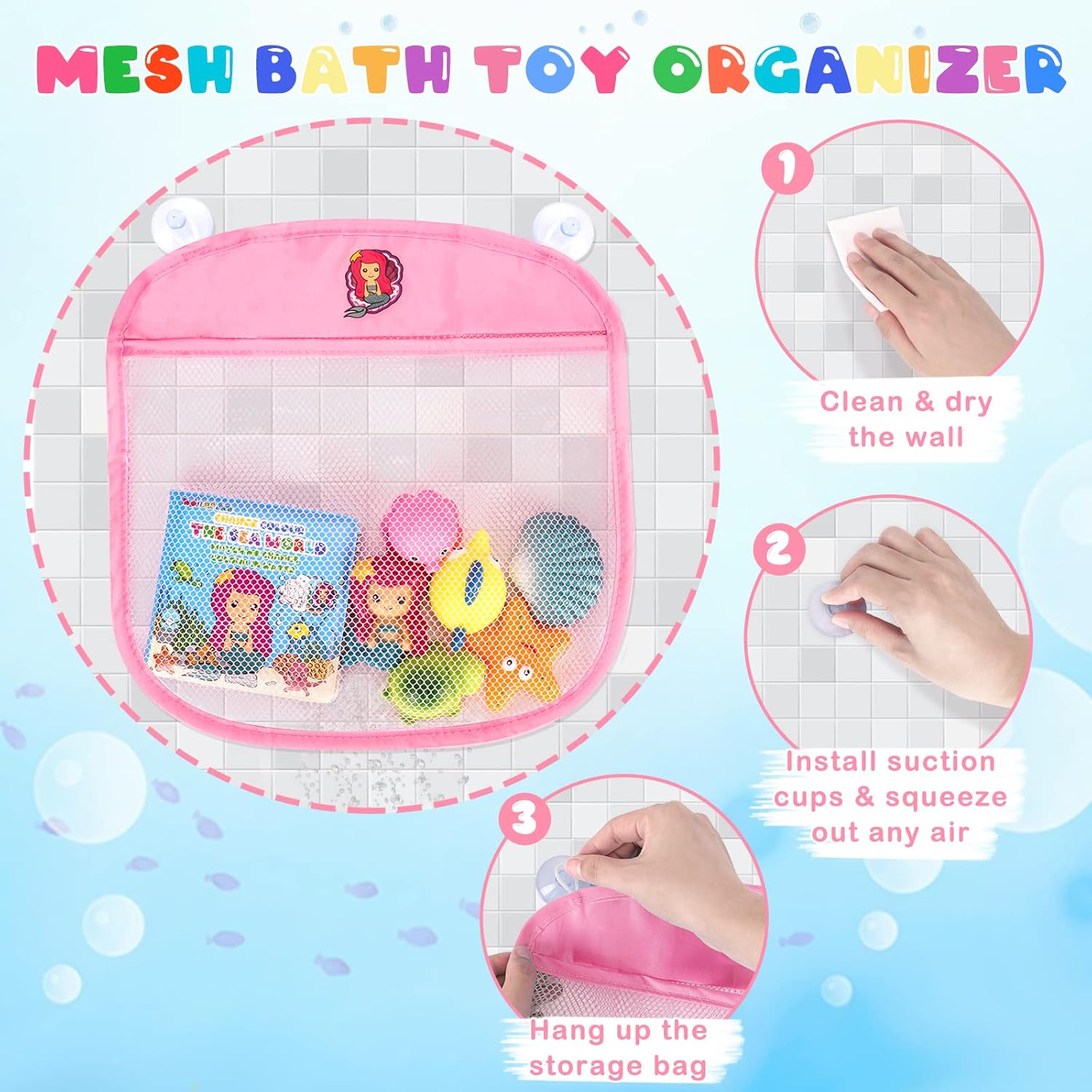 Light Up Bath Toys for Toddlers Kids Girls Baby, No Hole Glow Bath Toys with Bath Book & Organizer