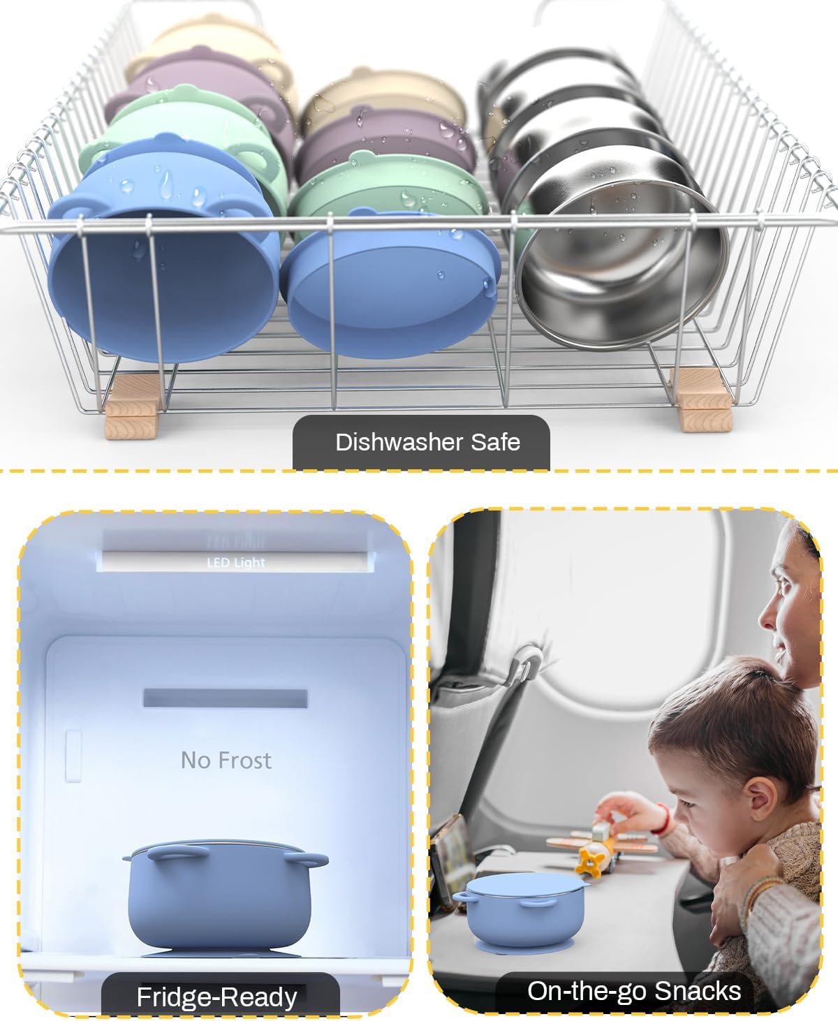 Baby Suction Bowls with Lids 4-Pack, 2-in-1 Stainless Steel 304 Toddler Bowl & Removable Silicone Suction Kids Bowl Plate Set Non Toxic Snack Dishes for Self-Feeding, Twilight Meadow