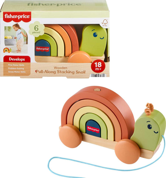 Fisher-Price Wood Toddler Toy Pull-Along Stacking Snail, Tiny Garden 6-Piece Wooden Activity for