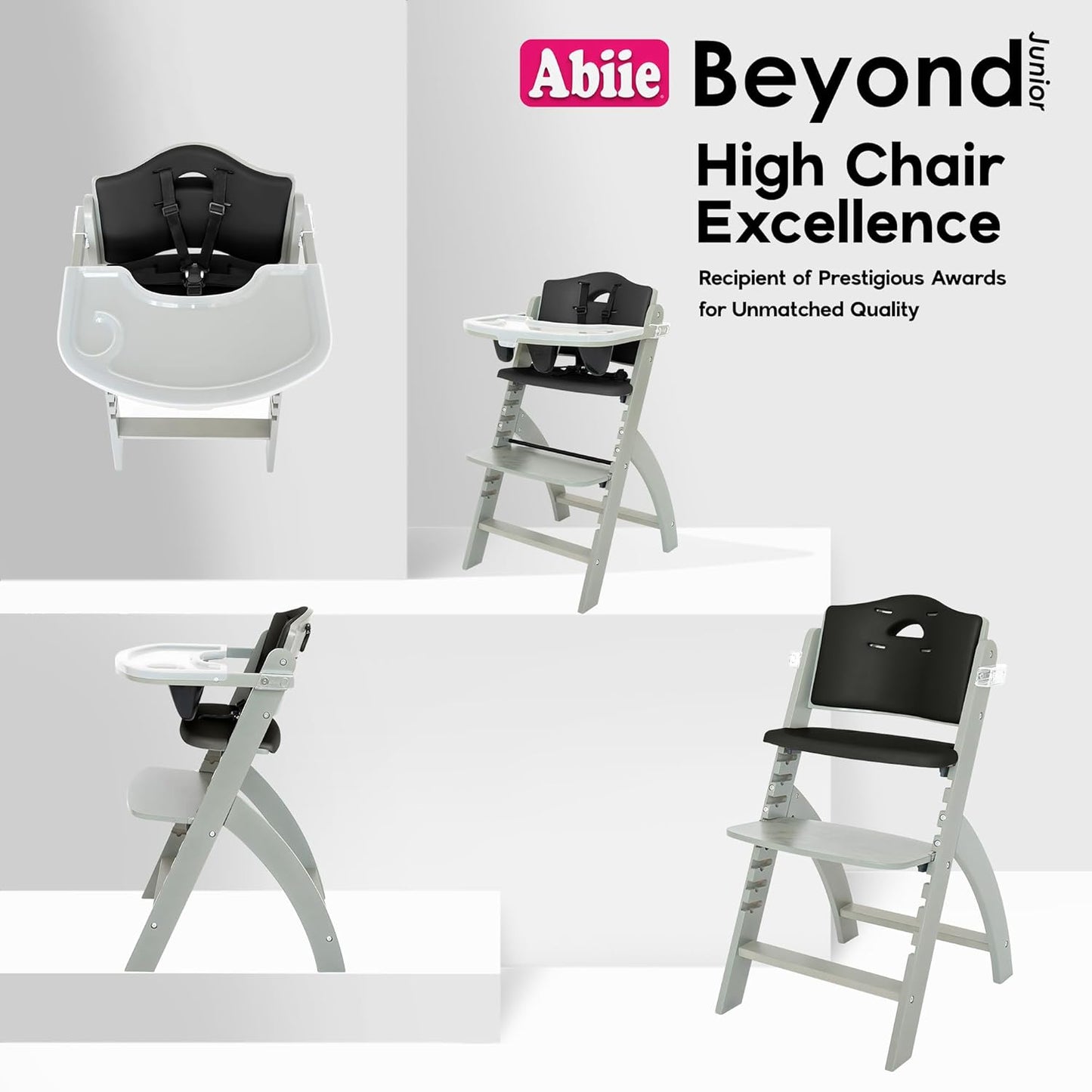 Abiie Beyond Junior Wooden High Chair with Tray - Adjustable and Convertible High Chair for Babies