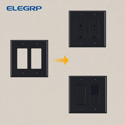 ELEGRP 2-Gang Decorative Wall Plates, Mid-Size 4.88" H x 4.94" L Unbreakable Thermoplastic Faceplate Cover for Decorator Receptacle Outlet Switch, UL Listed (2 Pack, Glossy Black)