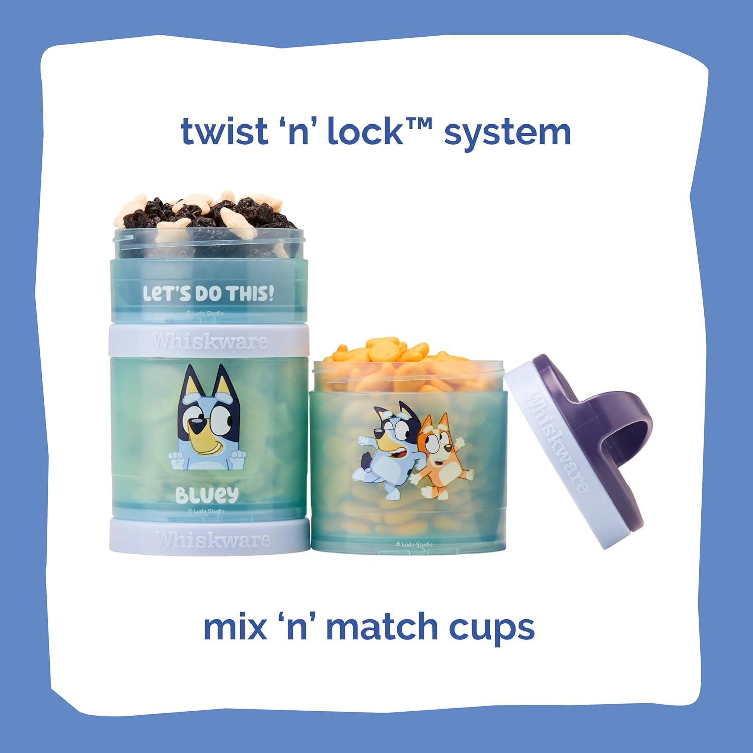 Whiskware Bluey Stackable Snack Containers for Babies, Toddlers, and Kids, 3 Stackable Snack Cups