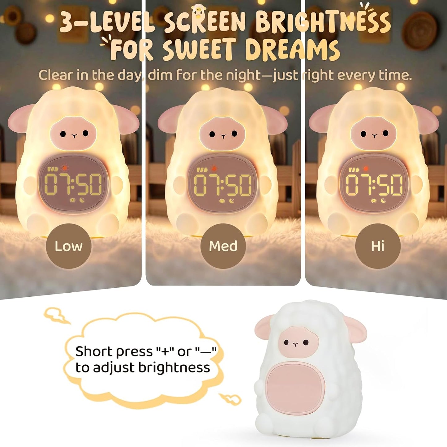 Sheep Alarm Clock with Night Light for Kids with Sleep Training and Sound Machine, Rechargeable Silicone Lamp OK to Wake Clock，Cute Animal Tabletop Lamp, Perfect Sleep Companion for Boys Girls, Pink