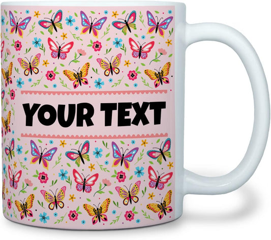 Personalized Mug for Kids - Butterflies - Custom Name/Text, Ceramic Hot Chocolate/Cocoa/Coffee Cup for Girls, Birthday/Christmas/Holiday Gift - 11 oz, White Handle