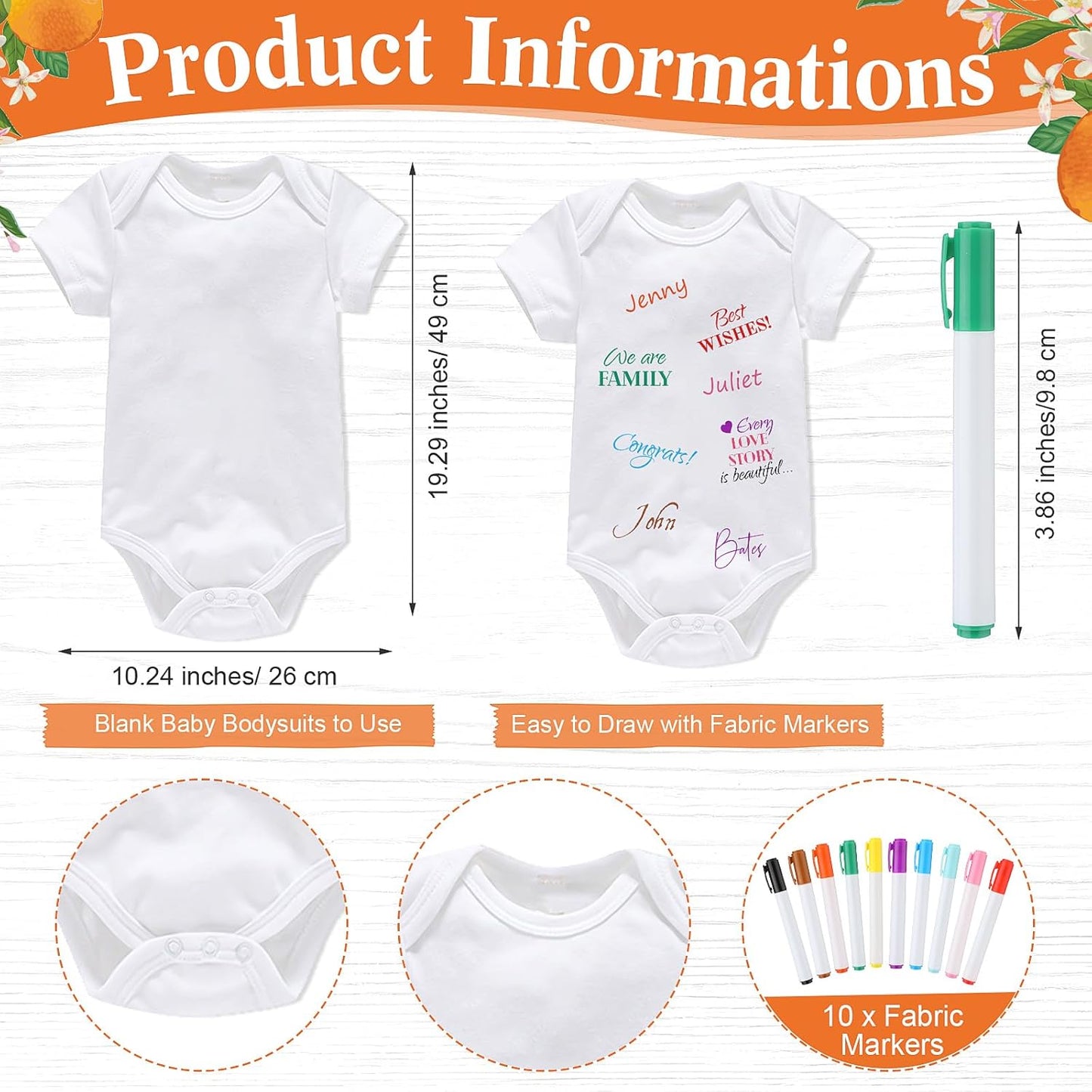 Qunclay 12 Pcs Baby Bodysuit Baby Shower Game Include 1 Game Wooden Sign Tabletop Decor 1 White Blank Newborn Bodysuit 10 Fabric Marker for Gender Reveal Party(Orange)