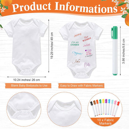 Qunclay 12 Pcs Baby Bodysuit Baby Shower Game Include 1 Game Wooden Sign Tabletop Decor 1 White Blank Newborn Bodysuit 10 Fabric Marker for Gender Reveal Party(Orange)