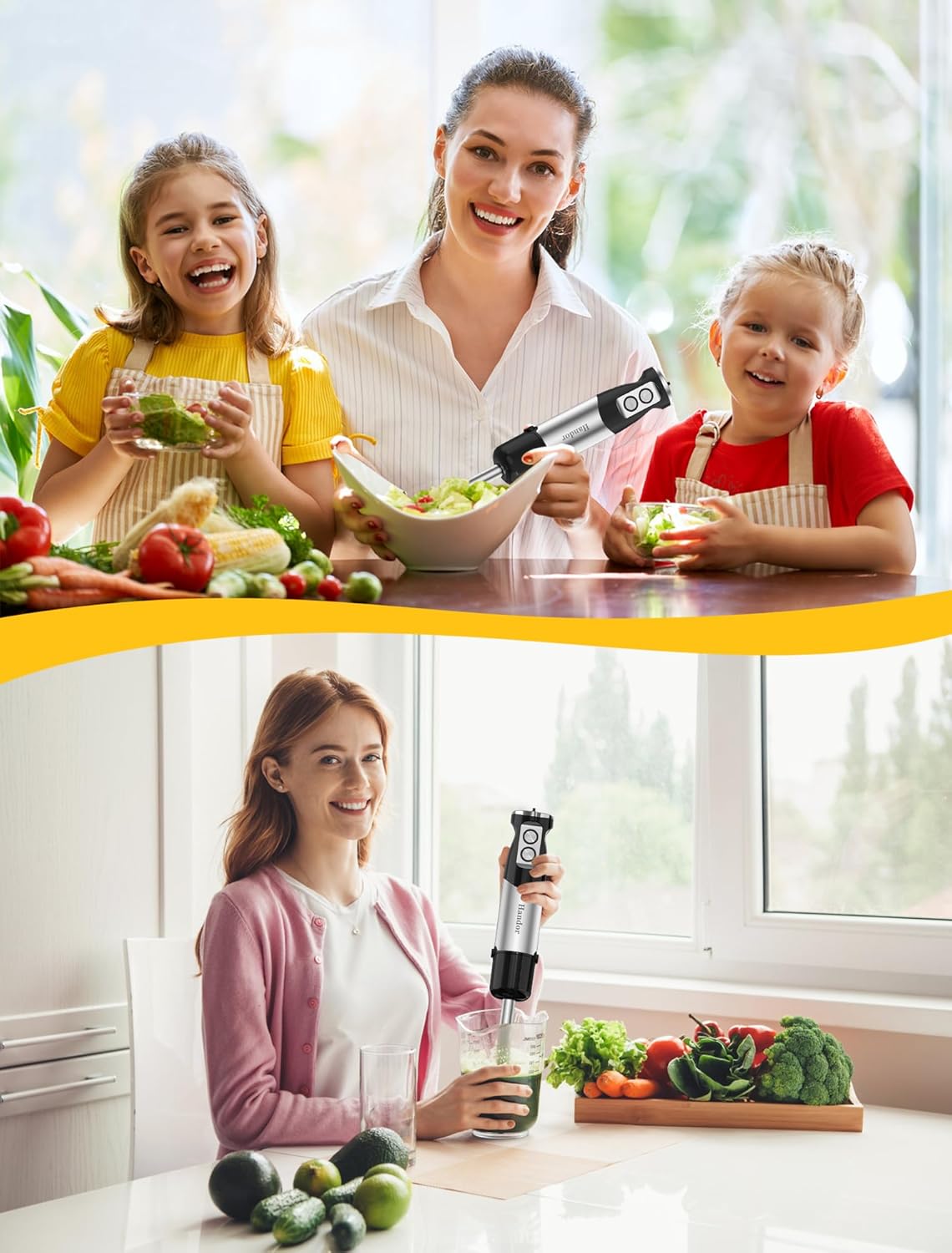 Handor 6-in-1 Hand Immersion Blender, 1000W 12 Speed Handheld Blender with 600ml Beaker, 500ml