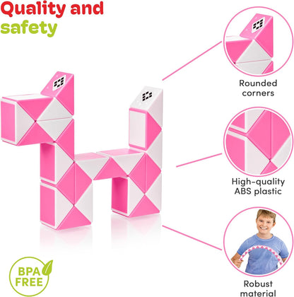 CUBIDI® Magic Snake Cube | Fidget Snake Toy for Kids | Travel Toys for Kids Ages 4-8 | Great Gift for Boys and Girls Birthday, Christmas, Stocking Stuffers - 24 Blocks | 0.9 inch x 0.7 inch | Pink