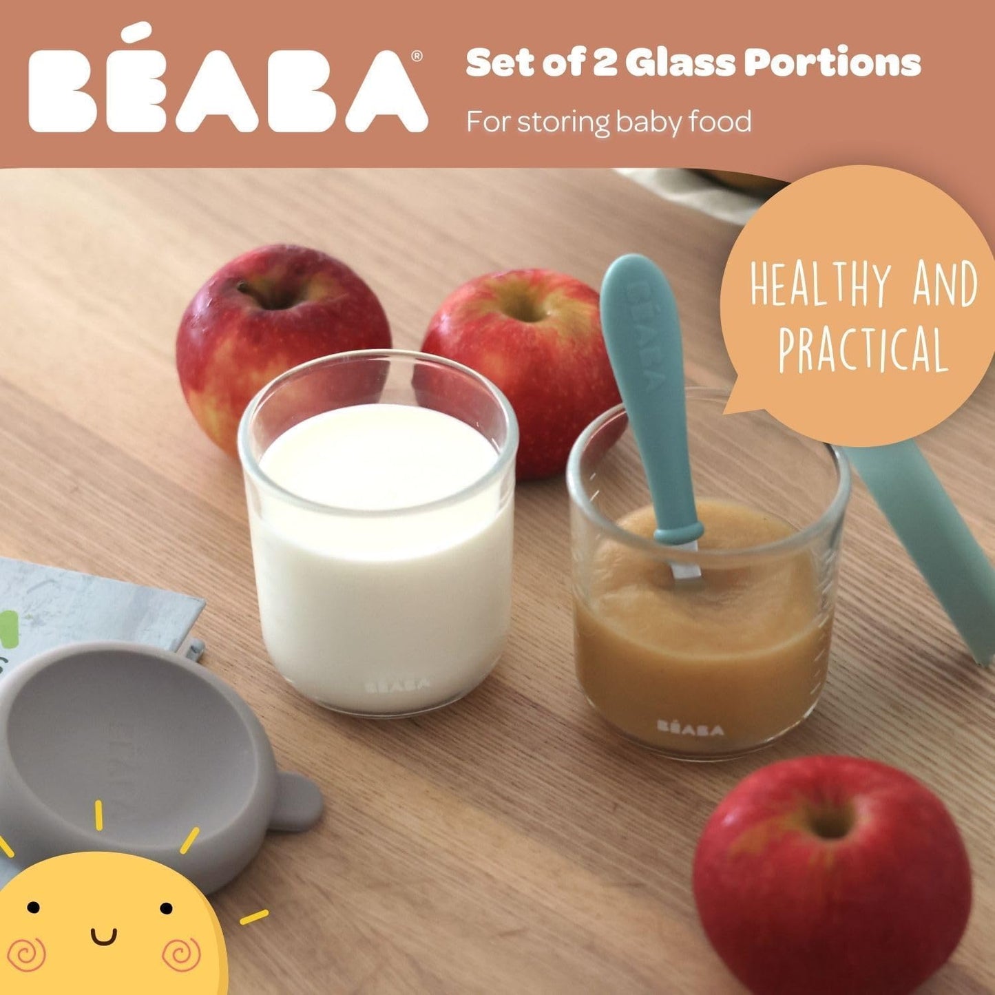 BEABA 4 Pack Glass Baby Food Jars with Soft Silicone Air Tight Lids, 8 oz Glass Storage Containers