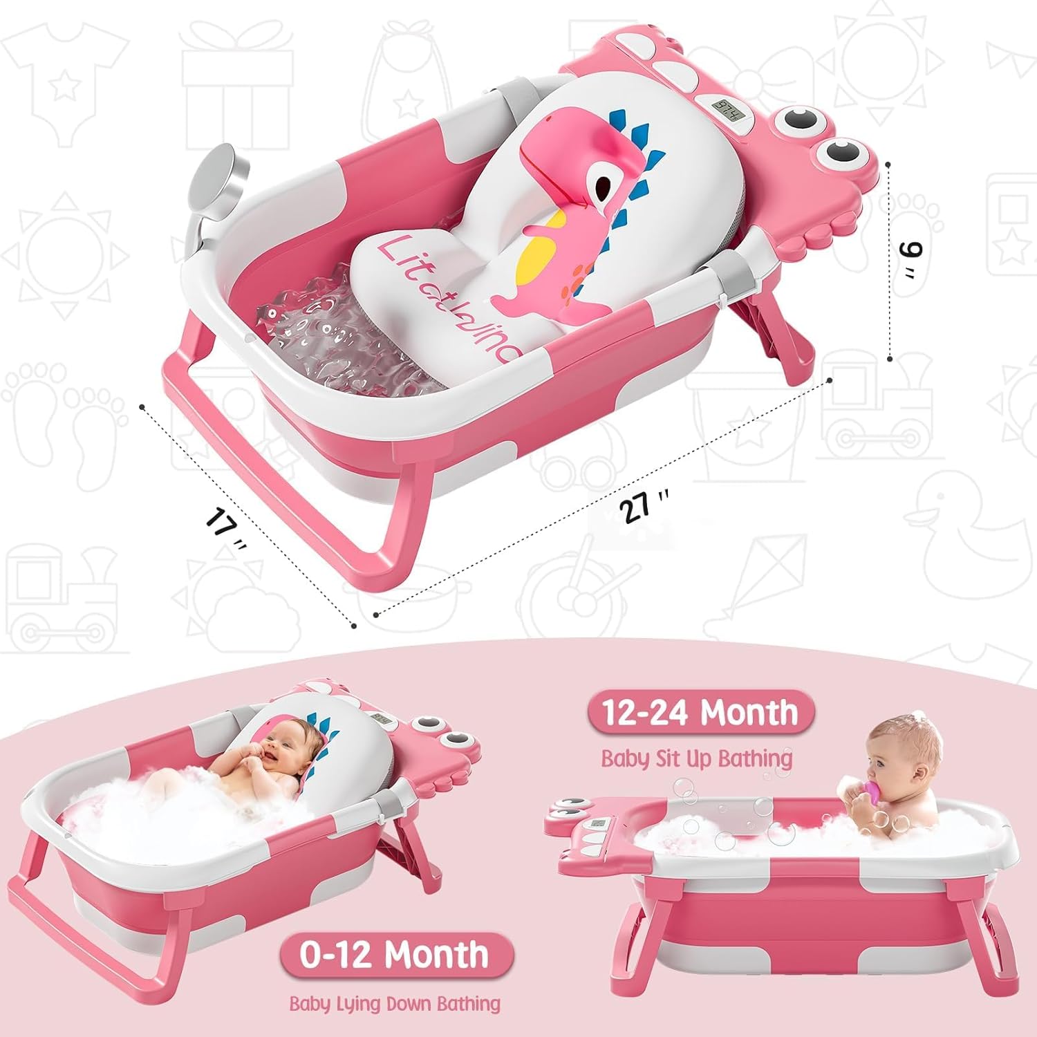 MoreFeel Collapsible Baby Bathtub for Newborn with Thermometer & 1 Hooded Towel & 1 Soft Floating