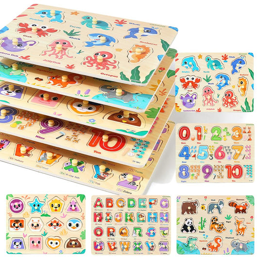 GRINNNIE Wooden Puzzles for Toddlers 3 4 5 Years Old, Montessori Toddler Toys 5PCS Peg Puzzles with