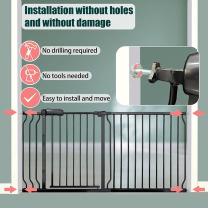 Heavy Duty Baby & Dog Safety Gate 86-104.7 Inch, Black Metal, Pressure Mounted No Drilling Pet Gate for Large Openings