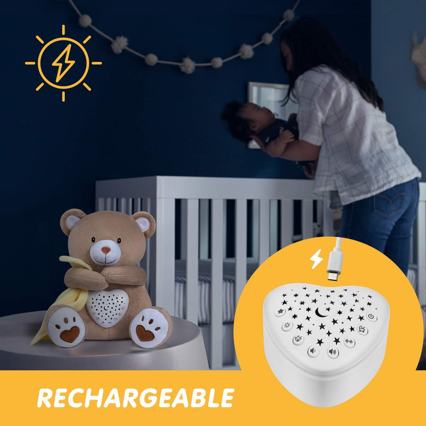 BEREST Rechargeable Baby Sleep Soother Bear, Mom's Heartbeat & Lullabies, White Noise Sound, Nursery Decor Night Light Projector, Toddler Crib Sleeping Aid, Baby Shower Gifts