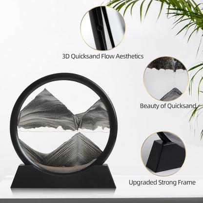 KPNUWN Moving Sand Art Liquid Motion, 3D Deep Sea Sandscape Color Quicksand Decor, Round Glass Moving Sand Art Picture Relaxing Desktop Home Office Work Decor (7 inch-Black)