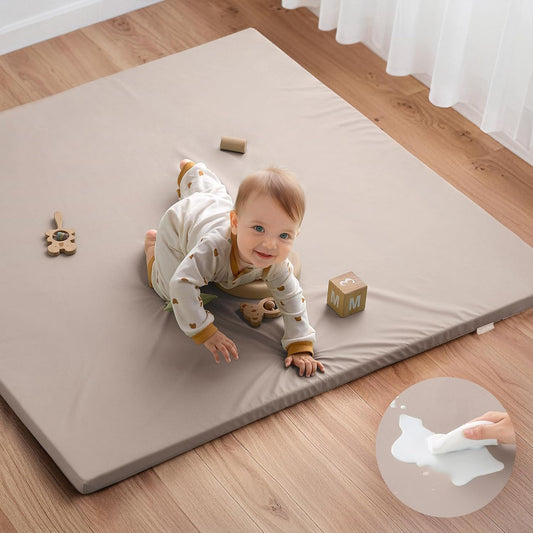 Blissful Diary Vegan Leather Baby Play Mat, 47x47 Thicken Foam Cushioned & Waterproof Playpen Mat for Infants and Toddlers, Stylish and Just Wipe-Clean Playmat for Baby Play on Floor, Brown Gray