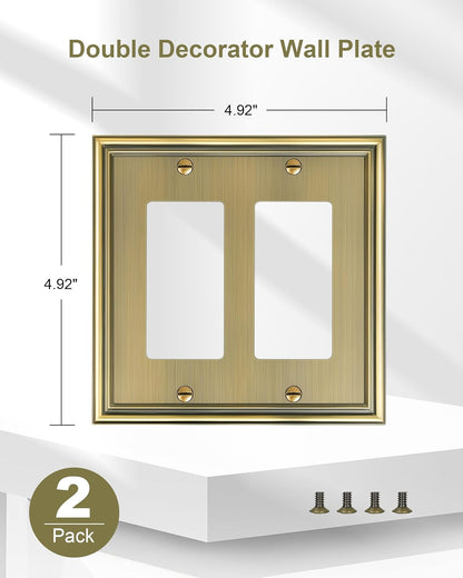 2-Pack Decorative Double Decorator Outlet Cover Plate, Durable Zinc Alloy Antique Brass Wall Plates for Electrical Outlets, Receptacle, GFCI Outlet, Dimmer Switch, 2-Gang, Corrosion Resistant