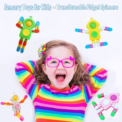 4 Pack New Fidgets Sensory Toys for Boys Girls, Transformable Fidget Spinners for Kids and Adults Key Chain Pop Robot Fingertip Fidget Toy, Birthday Party Favors, Gifts, Classroom Prizes