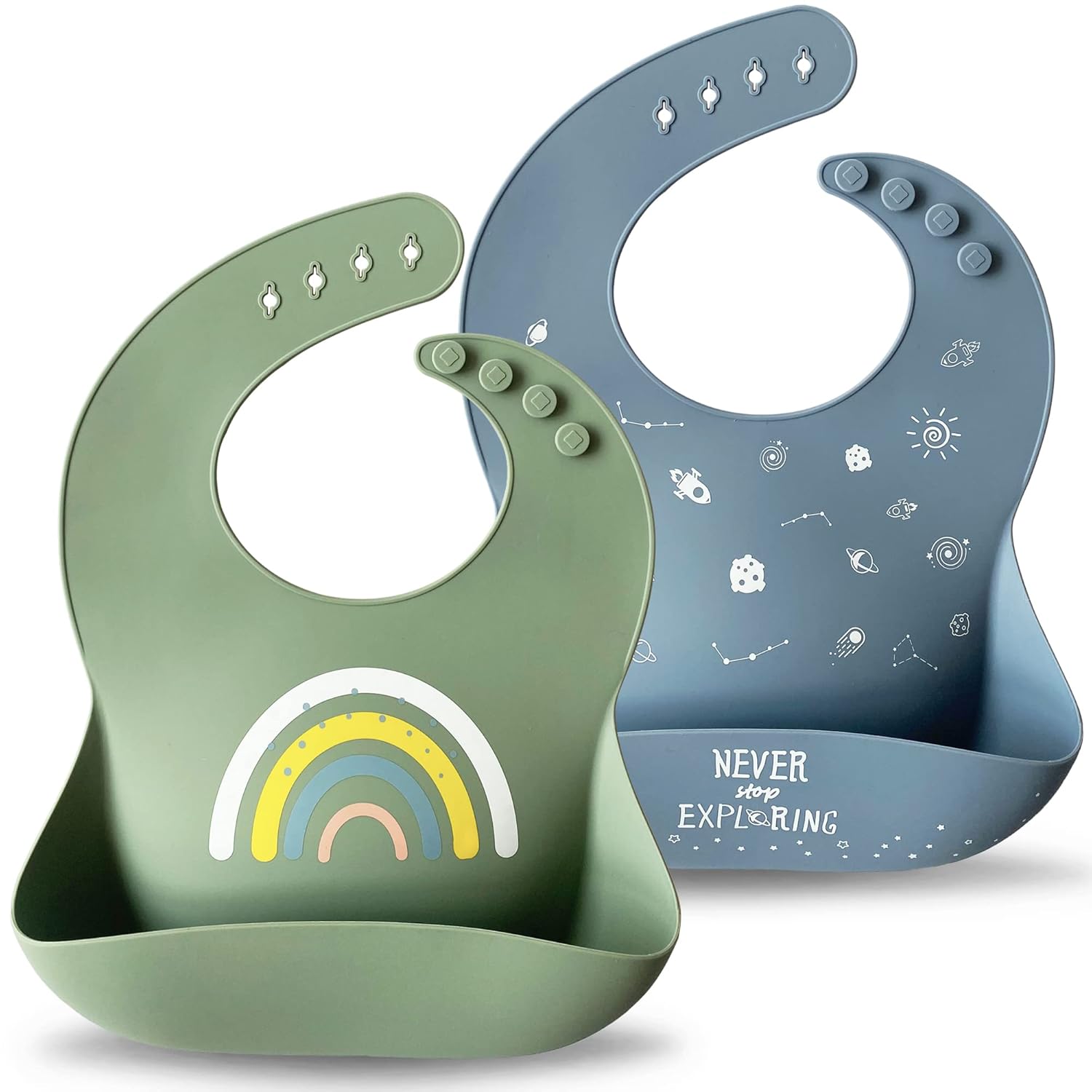 Moonkie Silicone Baby Bibs Set Of 2 | BPA Free Waterproof | Soft Flexible Adjustable Silicone Bibs