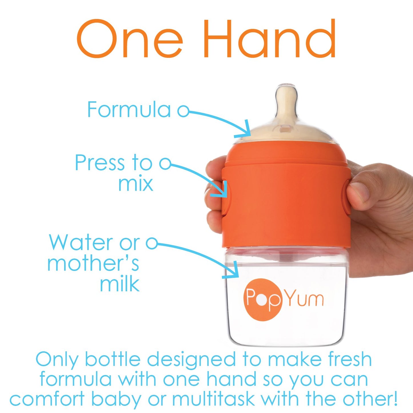 PopYum 5 oz Orange Anti-Colic Formula Making/Mixing/Dispenser Baby Bottles, 3-Pack with #1 Slow