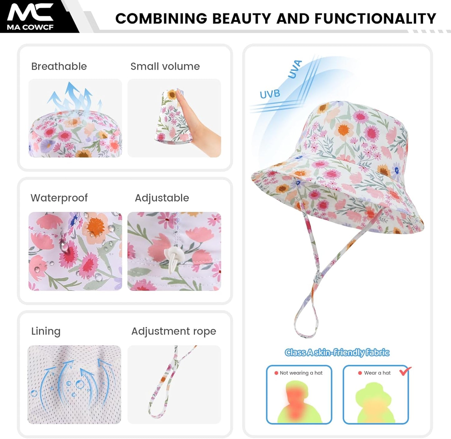 Baby Sun Hat 0-6 Years Toddler Boys Girls Adjustable Bucket Hats Kids Bucket Hats UPF 50+ Wide Brim Beach Swim Pool